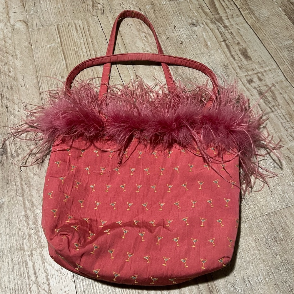 Pink with Martinis/ green with flamingos reversible tote with ostrich feathers
